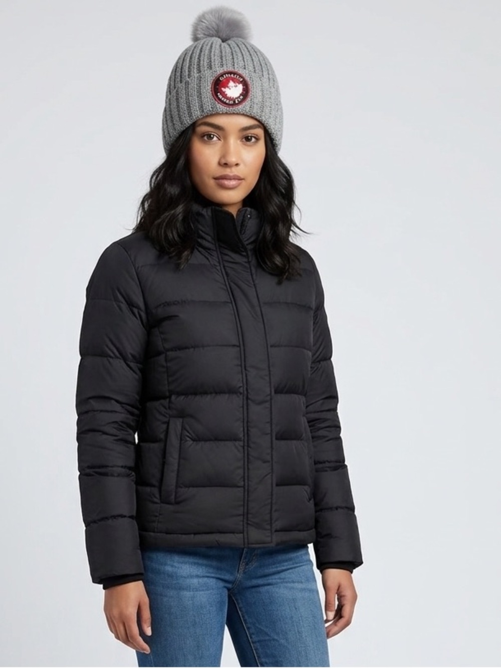 Canada Weather Gear Gray Ribbed Knit Beanie Faux Fur Pom Pom Hat SO